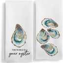 Qeheb Coastal Beach Oyster Kitchen Towels Set of 2, Beach Hand Towels for Bathroom, the World Is Your Oyster Inspirational Decorative Dish Tea Towels for Kitchen Decor, Coastal Bathroom Decor, 16X24In
