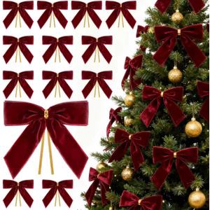 REDWORD 30PCs Burgundy Bows for Christmas Tree, 3.5 x 3.5 Inch Burgundy Velvet Bows Vintage Xmas Velvet Ribbon Bow Holiday Ornaments for Christmas Decoration Holiday Decor, Gift Wrapping and Wedding