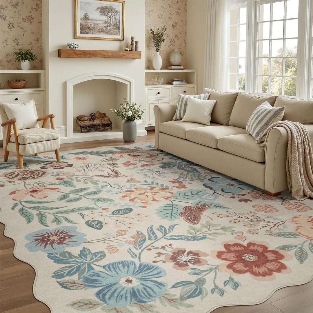 DCX Beige Floral Rug 5x7, Washable Beige Rug for Living Room, Kid & Pet Friendly with Rubber Back Non Slip, Soft Low Pile Carpet, Stain Resistant Rug for Bedroom, Nursery, Dining Room