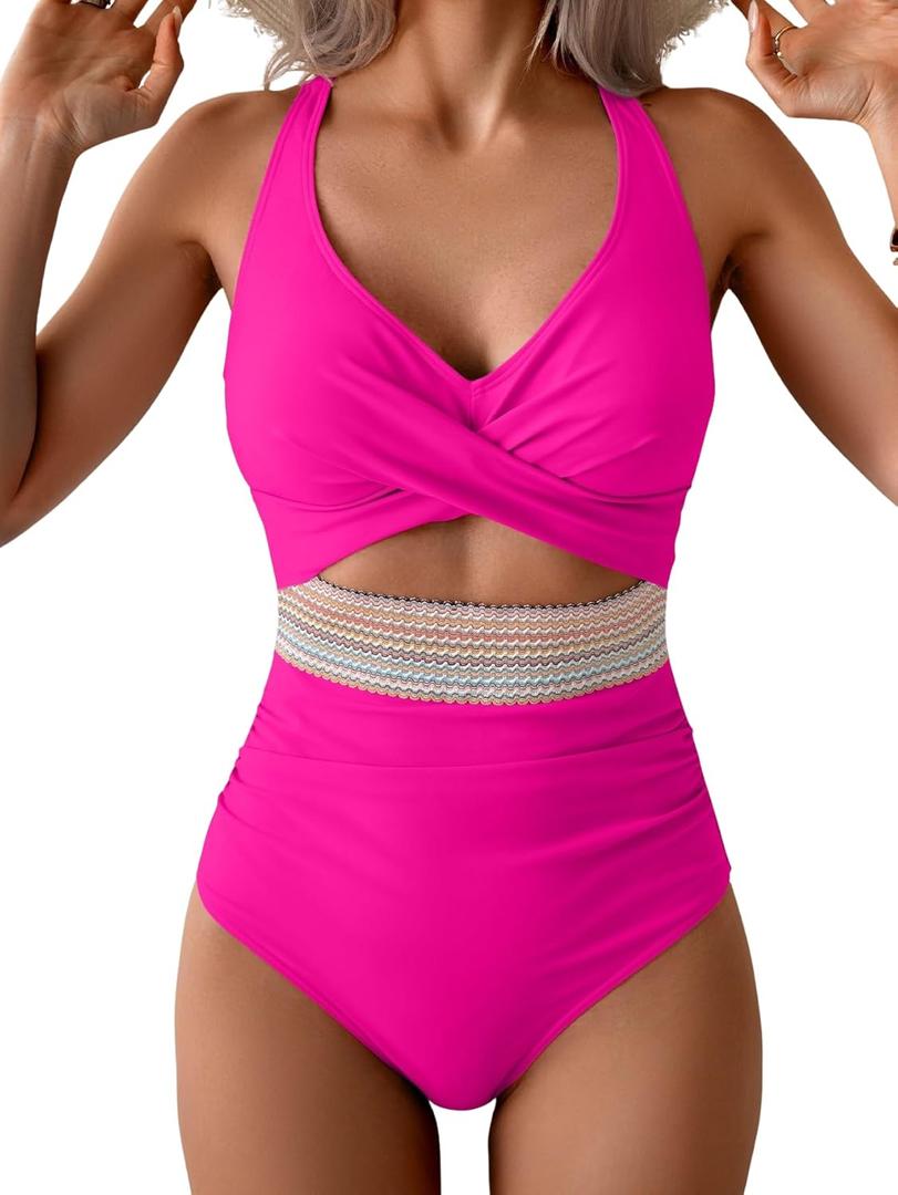 B2prity One Piece Swimsuit for Women Tummy Control V Neck Bathing Suit Color Block High Waisted Cutout Swimwear (Medium, Hot Pink)