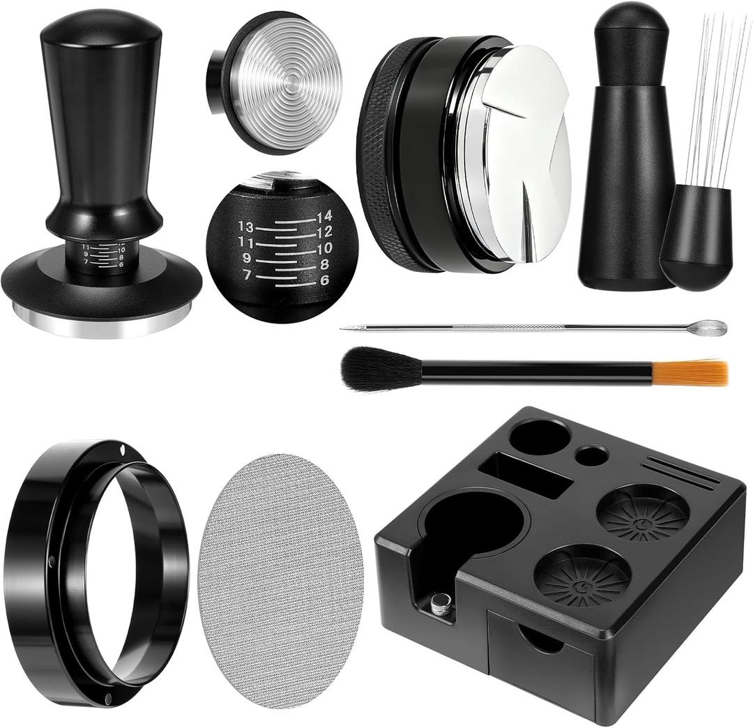 8 PCS Espresso Accessories Kit,51mm Espresso Tamper Tools, WDT Tool Espresso, Espresso Tamping Station, Distributor, Stirrer, Dosing Funnel, Puck Screen, Brush and Latte Art Pen