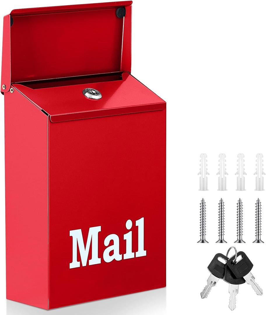 10 x 7 x 3 Inch Small Red Wall Mount Mailbox with Lock Key for Outside Apartment Porch Rust Proof Security Key Drop Box for Letters Newspapers Cards