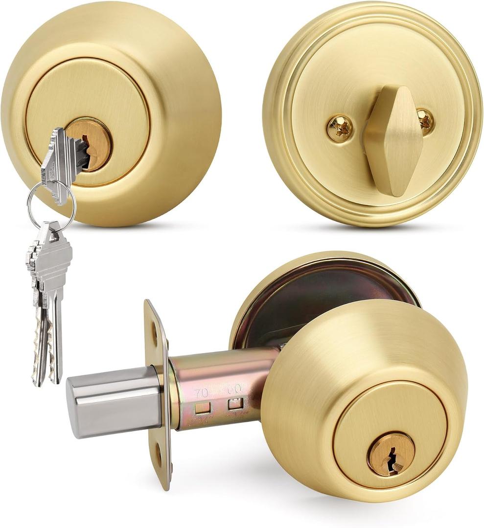 Moquin Gold Deadbolt Lock for Exterior Door, Single Cylinder Deadbolt with Key, One-Sided Deadbolt Lock, Satin Brass