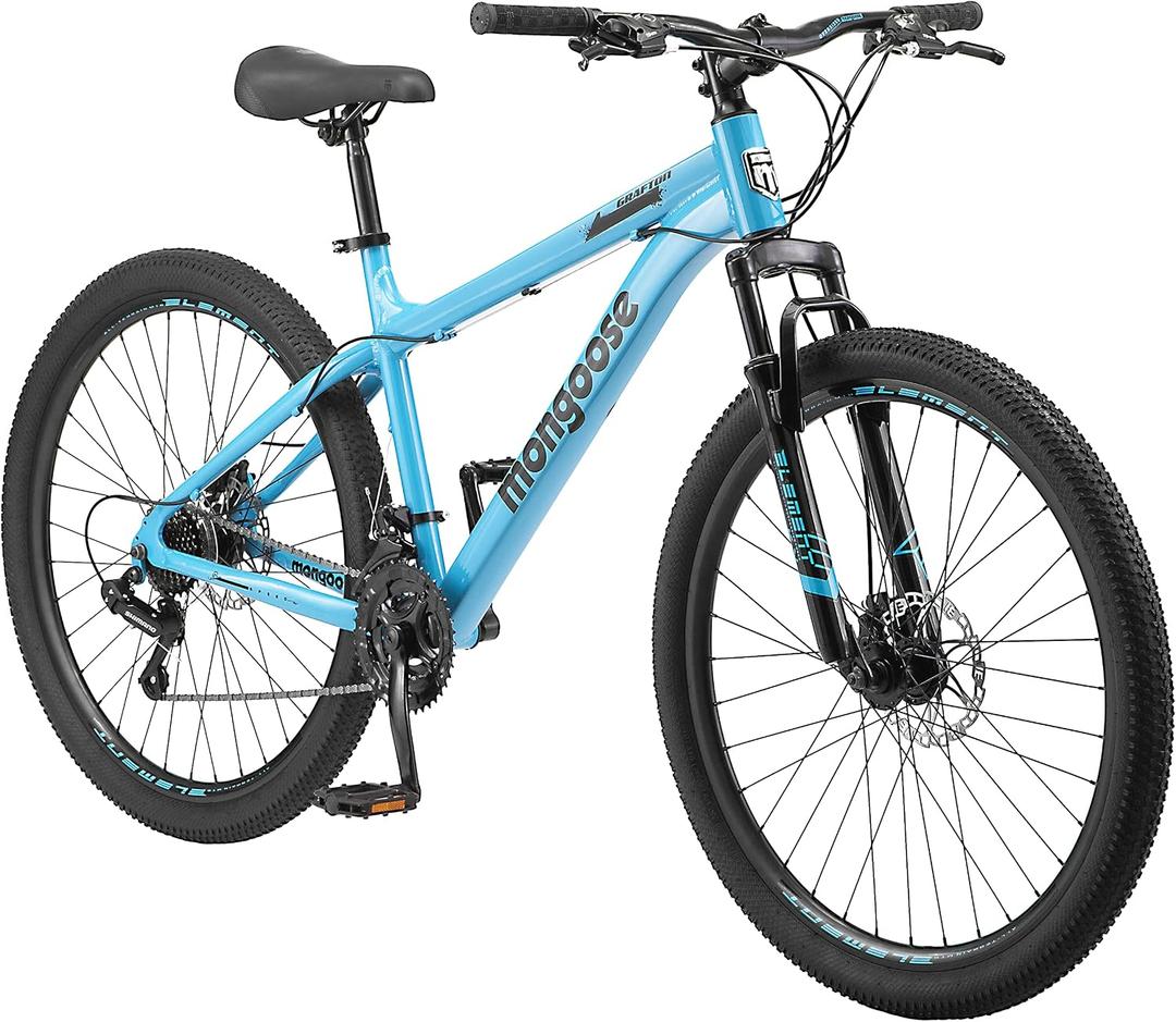 Mongoose Grafton Mountain Bike, 21 Speed, Aluminum Frame, Knobby Mountain Tires, Suspension Fork, Trigger Shifters, Mechanical Disc Brakes | Trigger Shifter, Aluminum Frame, Front Suspension, 27.5-Inch Wheels, blue