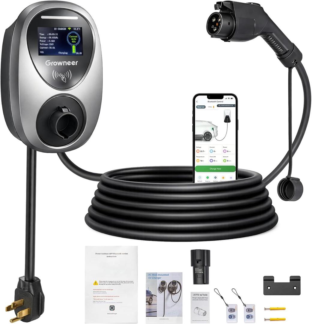 GROWNEER Level 2 EV Charger, 48Amp, J1772 Universal Fit for All Vehicles, 25ft Cable, WiFi (2.4GHz) Smart App, (IP66), UL & ETL Certified, NEMA 14-50 Plug-in 220-240V Extra Tesla Adapter Gift