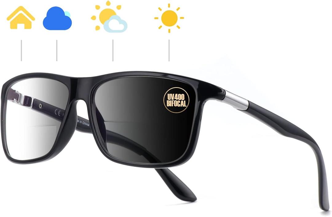 Missfive Photochromic Bifocal Reading Glasses Men Blue Light Protection, Designer Transition Retro Computer Readers Far and Near Dual-Use Lens Stylish Vintage Eyeglasses Glossy Black Eyewear, 1.5x