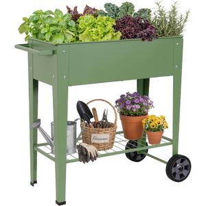 Tall Raised Garden Bed Outdoor with Wheels, Metal Elevated Raised Planter Box with Drainage Holes for Vegetables, Flower, Herbs (Green)