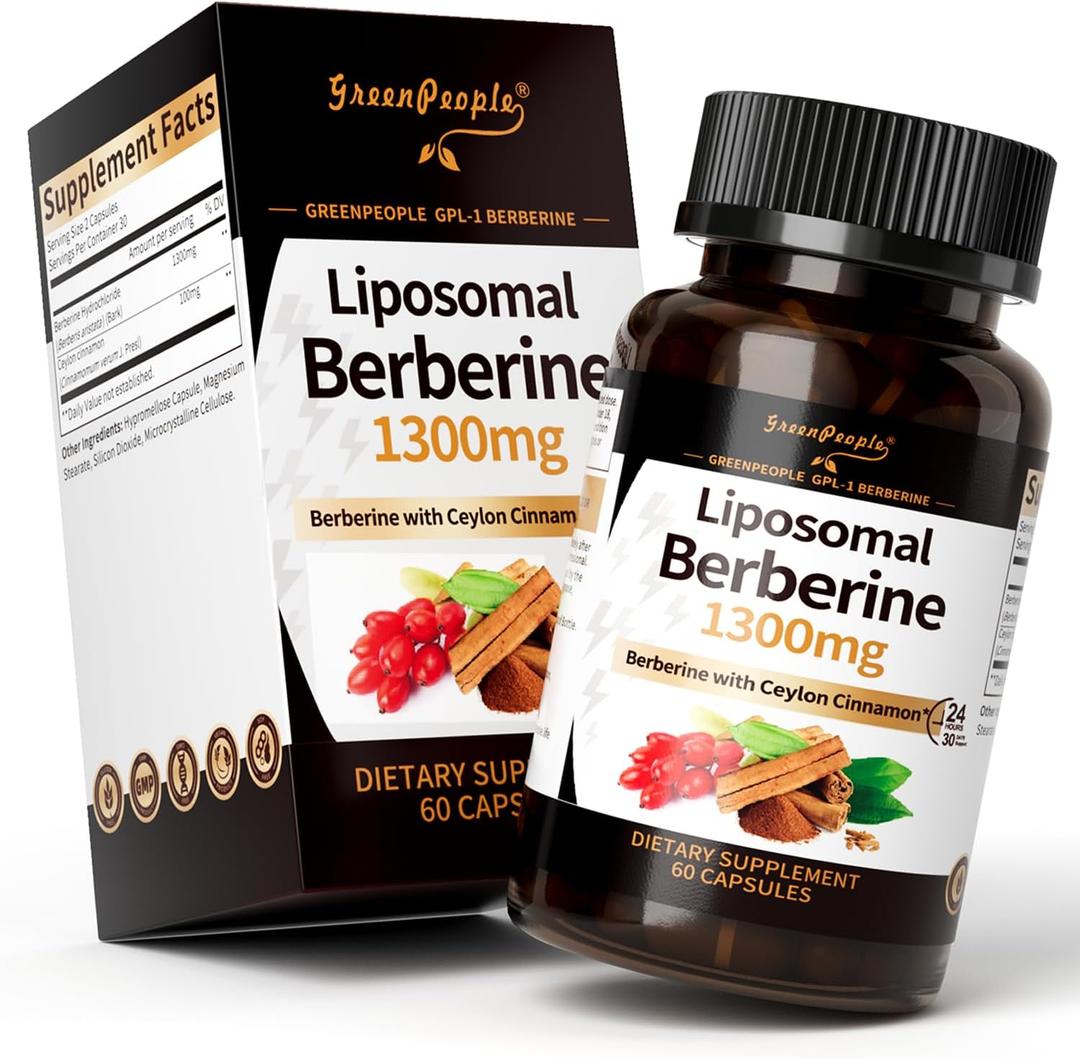 GREENPEOPLE Liposomal Berberine HCL1300mg - Berberine Supplement with Ceylon Cinnamon Activates AMPK - High Absorption Formula Healthy Weight Support Non-GMO/Vegan 30-Day (60 Count (Pack of 1), BBD 04/2027