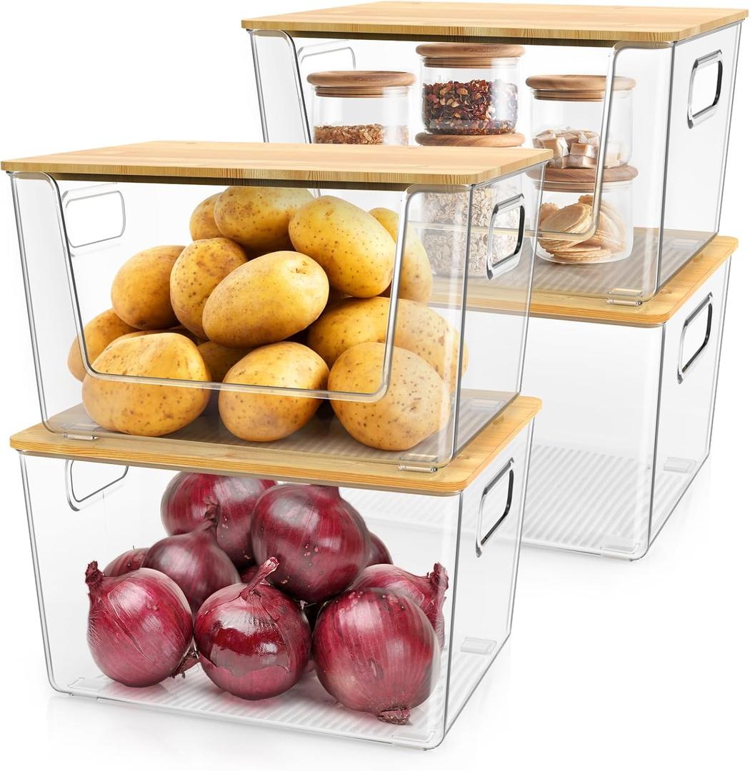 IDEATECH Kitchen Organizers and Storage, Stackable Kitchen Counter Organizers for Onion, Potato, Fruit, Produce, Vegetable ( 2+ 2Set) (4Pack- 2 Front Open+2 Fully Enclosed)