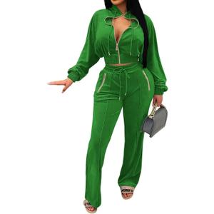 Adogirl Women 2 Piece Outfits Velour Sweatsuit Jogging Suit Full Zipper Sweatshirt + Wide Leg Sweatpants Tracksuit Lounge Set (Medium, Green)