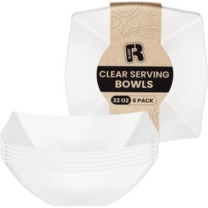 R-kay 6 Pack Square Plastic Serving Bowls - White Plastic bowls 32 Oz - White Salad Bowls Large Serving, Premium Heavy Duty For Weddings Catering And Birthday parties