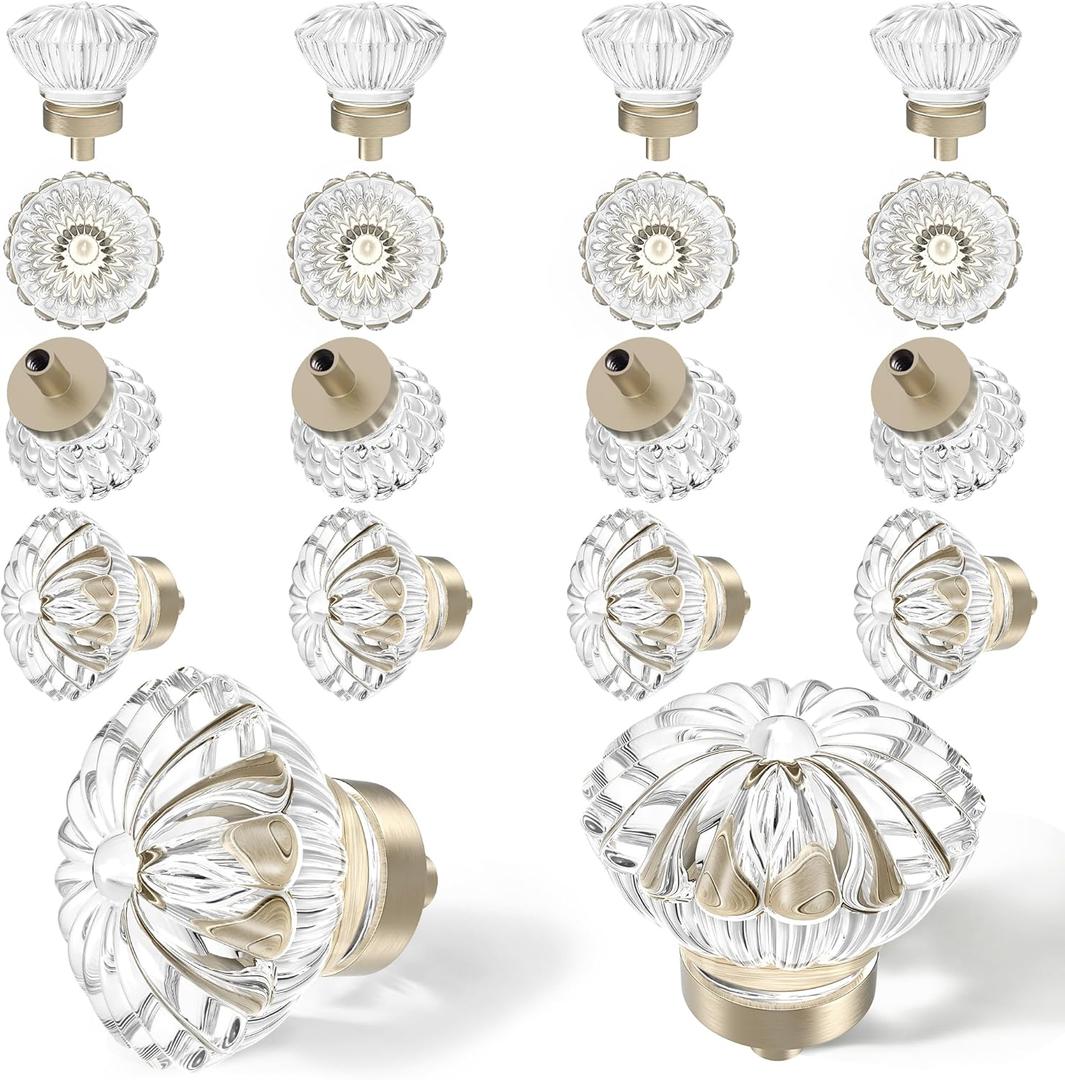 Crystal Vintage Cabinet Knobs Cabinets Knob, 16 Pack Flower Glass Brushed Nickel Clear Crystals Small Pull for Closet Dresser Drawers Cupboard Wardrobe, Solid Retro Pulls Old Fashioned Drawer Handle