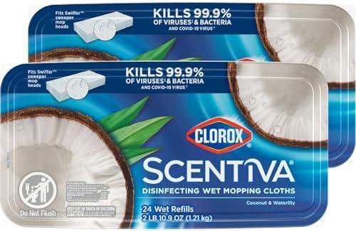 Clorox Scentiva Disinfecting Wet Mop Pad, Disposable Mop Heads, Coconut and Waterlily, 2 Packs, 24 Wet Refills Per Pack