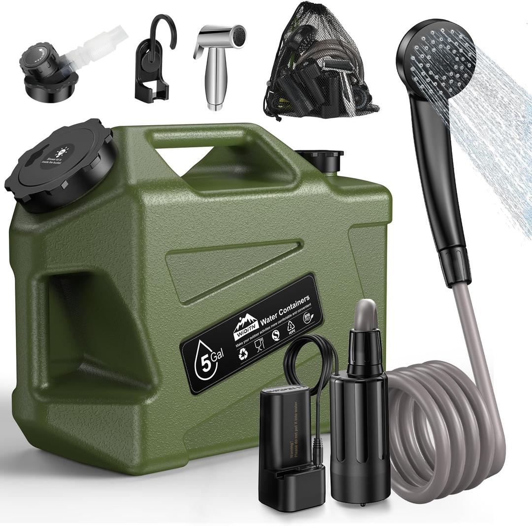 Portable Camping Shower with Water Jug, Electric Rechargeable Camping Shower, 5-Gallon Food Grade Water Containers, Outdoor Camp Pump for Hiking Beach, Travel, Pet Bath
