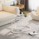 Garden 4 you Nesting Coffee Table, 23.6" Round Coffee Table Set of 2, Glass Nesting Table with Metal Frame, Ceter Tables for Living Room Bedroom Balcony, White, 23.6" x 23.6" x 19.7"