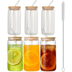 Castuvy Drinking Glasses with Bamboo Lids and Glass Straw, 16 Oz Glass Cups for Coffe, Beer, Cute Tumbler Cup for Soda Boba Tea Cocktail, coming 2 Cleaning Brushes, Pack of 6