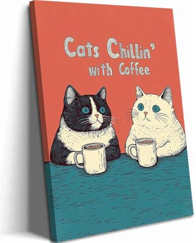 Funny Cat Drinking Coffee Wall Art, Cute Black and White Cats Kitchen Wall Decor, Quirky Animal Poster Canvas Paintings Prints Aesthetic Pictures for Dining Room Cafe Bar 16x24 inch Framed