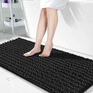 Yimobra Bathroom Runner Rug Mat 60.2 x 24 In, Non-Slip Soft Shaggy and Comfortable Large Size Chenille Bath Rug, Super Absorbent and Thick, Machine Washable, Long Bathroom Rug, Black