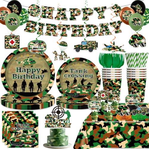 198pcs Army Birthday Party Decorations Include Camo Plates and Napkins Set, Banner, Hanging, Tablecloth, Balloon, Cupcake Topper, for Camouflage Hunting Military Theme Birthday Party, Serve 25