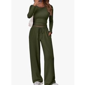 Trendy Queen Women's 2 Piece Matching Lounge Set Long Sleeve Side Ruching Top Wide Leg Drawstring Pants Set with Pockets, Large