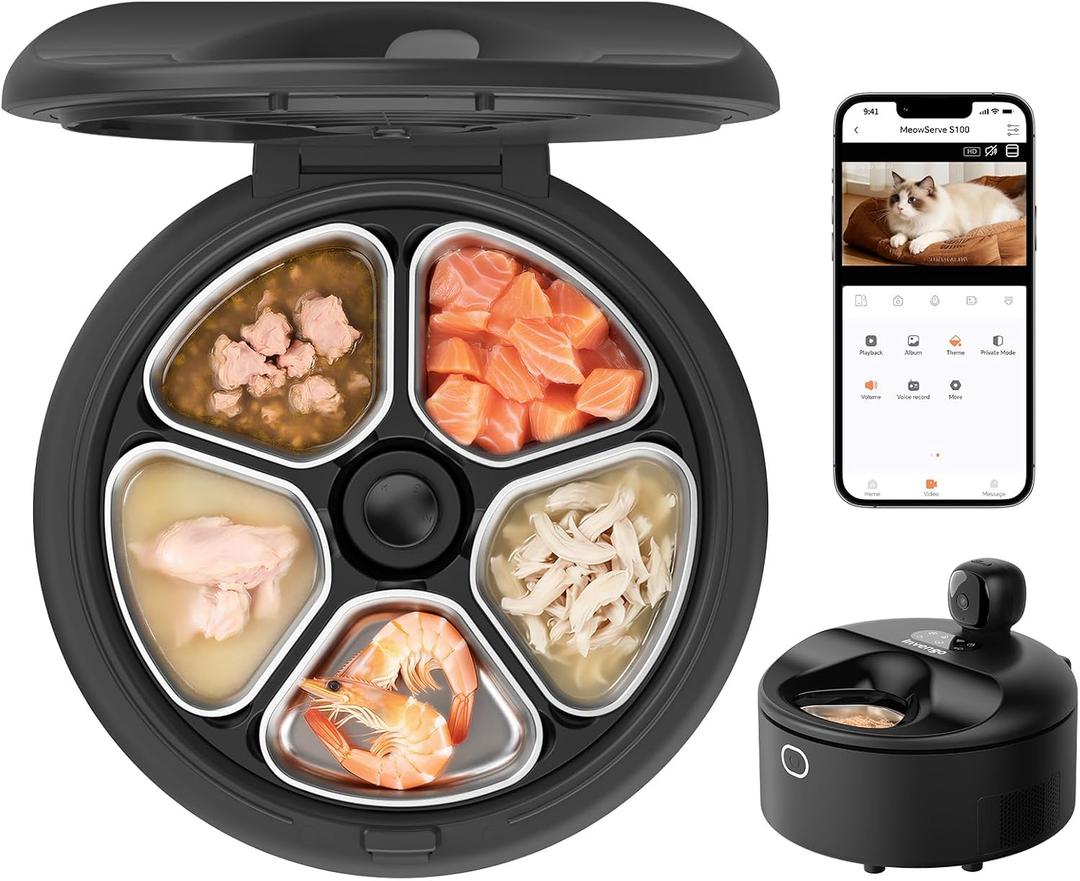 Automatic Wet Food Cat Feeder with 3MP Camera, App Control, Dual Semiconductor Cooling, Heating Feeding Area, 5 Stainless Steel Trays Pet Food Dispenser