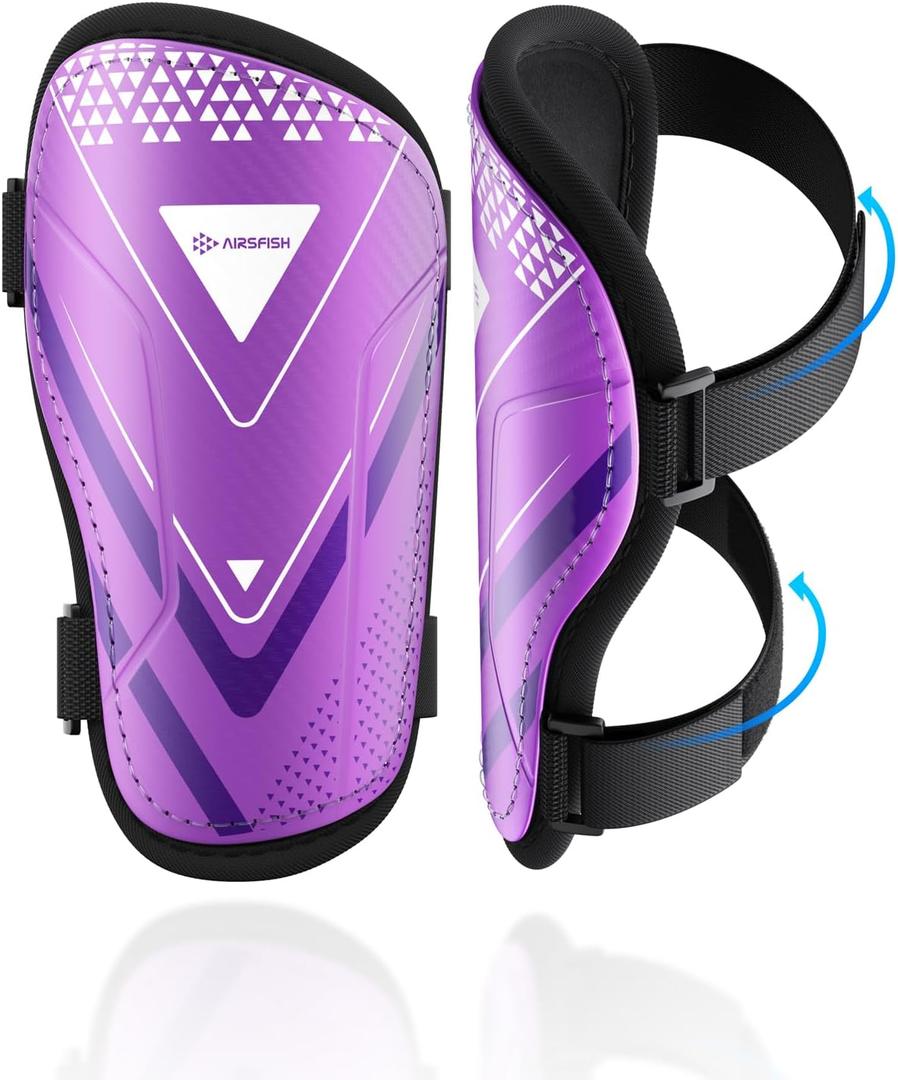 Shin Guards Soccer Kids Youth, CE Certified Airsfish Shin Guard Protection Gear for Boys Girls Teenagers High Impact Resistant Breathable Comfortable 1 Pair (X-Small, Purple)
