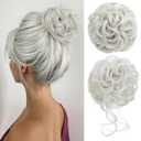 CJL HAIR 2PCS Messy Bun Hair Pieces Wavy Curly Synthetic Updo Chignon Fake Scrunchies Ponytail Extension for Women White