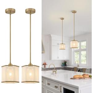 2-Pack Gold Woven Pendant Lights, 7.67" Mini Boho Rattan Hanging Pendant Light Fixtures, Modern Hexagonal Island Lights for Kitchen Island, Foyer, Hallway, E26 Base, Brass