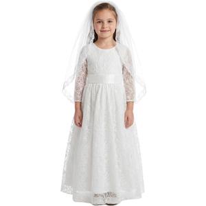 LalaMira First Communion Dress with Veil 3/4 Sleeve Flower Girl Dress Wedding Gown Floral Lace Baptism Christening Dance (10 Years, White)