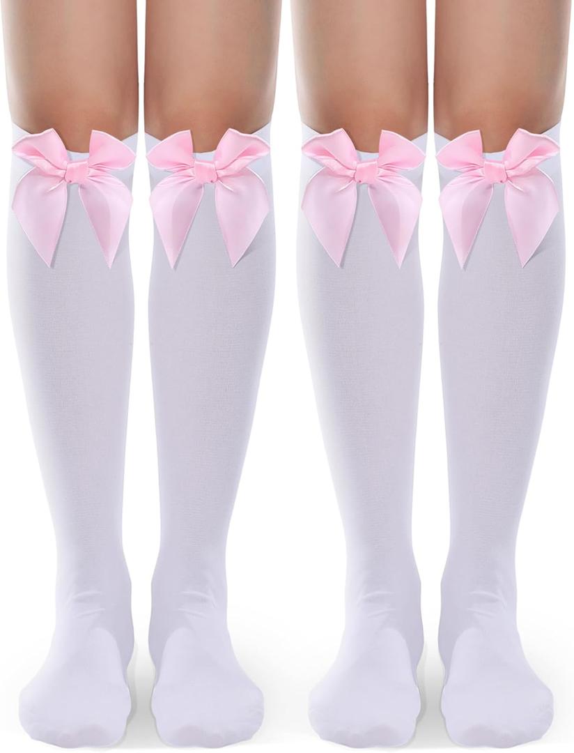 Syhood 2 Pairs Women's Satin Bow Knee High Socks, Elegant Long Socks for Christmas Costumes and Casual Wear (White, Pink)