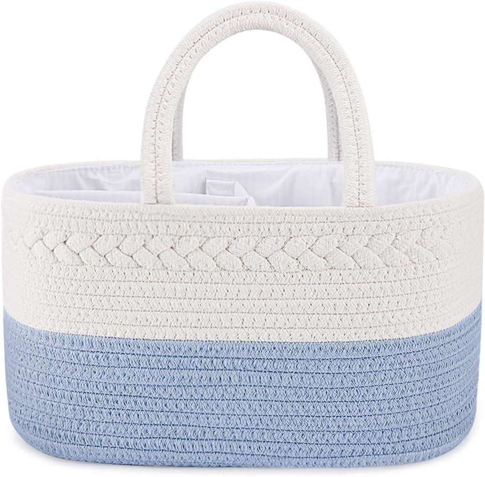 ABenkle Diaper Caddy Organizer - Cotton Rope Nursery Storage Basket for Baby Essentials, Boys & Girls Shower Gift, Changing Table Organizer (Large, Blue)