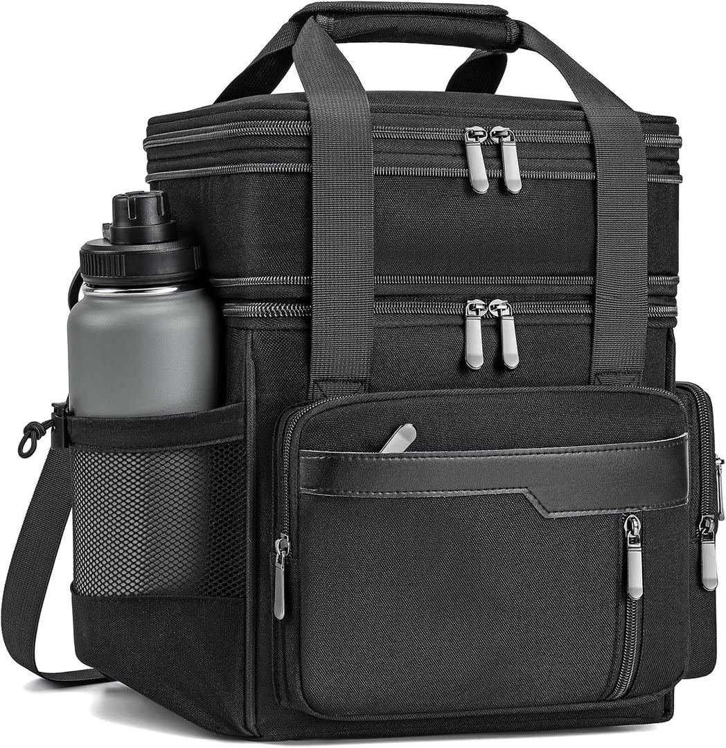 Insulated Lunch Box for Men, Double Deck Reusable Lunch Bag for Women, Leakproof Lunch Cooler Durable Waterproof Expandable - Lunchbox for Adult Work, Black,16L