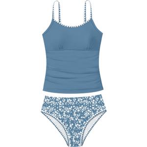Girls Swimsuit Solid Color Tankini Contrast Trim Swimwear 2 Piece Bathing Suit Padded Swimsuits for Teens (9-10 Years, Blue+floral)