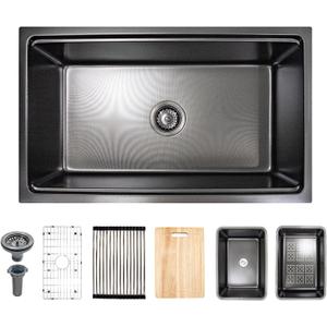 Black Sink, 304 Stainless Steel Single Bowl Undermount 3018 Inch Workstation Kitchen Sink with Sink Grid and Cutting Board