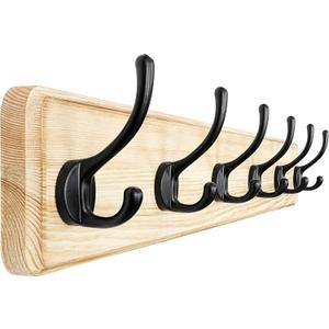 Dseap Coat Rack Wall: 24" Long, Patented, Heavy-Duty, 6-Double-Hooks Wooden Wall Mounted Coat Rack Coat Hanger Hook Rail for Winter Coats Hat Jacket Clothing, Light Brown