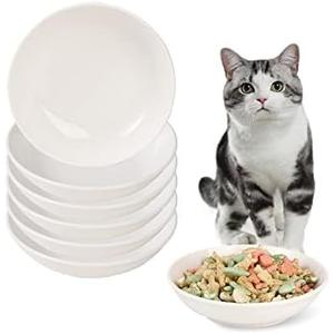 Ceramic Cat Dishes for Food - Cute Cat Bowl Set of 6 - Wide, Shallow, Whisker Friendly - Minimalist Style - Microwave and Dishwasher Safe - 8.5 oz - 5.75 inch (White)