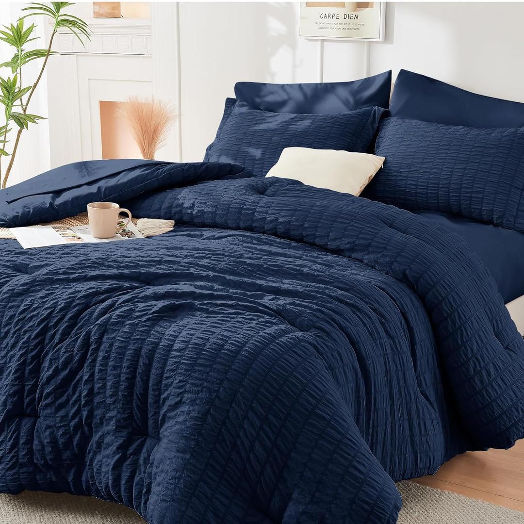 HYMOKEGE Navy Blue Full Size Comforter Sets Seersucker 7 Pieces, All Season Luxury Bed in a Bag for Bedroom, Bedding Set with Comforters, Sheets, Pillowcases & Shams (Full(82"x86"))