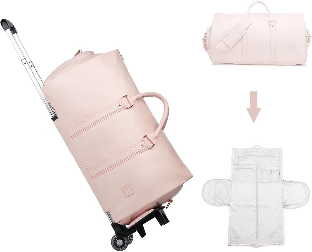 seyfocnia Rolling Garment Bag,Convertible Wheeled Garment Bag with Shoe Compartment for Travel Overnight Carry On Duffle Bag-Pink