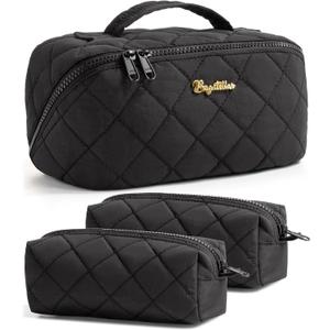 Travel Makeup Bag, 3 Pcs Large Capacity Puffy Toiletry Bag for Women, Open Flat Quilted Make up Cosmetic Organizer w/Handle & Clear Divider Water-resistant Portable Pouch Travel Essentials, M-Black