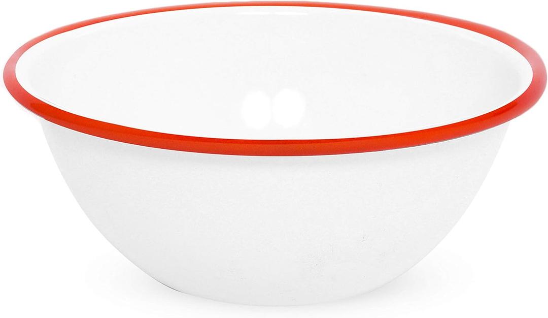 Home Enamelware Serving Bowl, 1.5 quart, Vintage White/Red (Single)