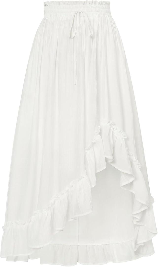 Scarlet Darkness Renaissance Midi Skirt Asymmetrical Ruffle Summer Flowy Skirts, Large, White