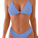 swimall Women's Triangle Bikini Set Cheeky High Cut Sexy Two Piece Swimsuit Cute Halter Bathing Suit (Blue-textured) Small