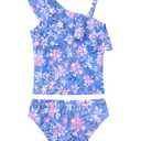 WhizBuzz Girls Bathing Suits Size 10-12 Years Old Blue Purple Flowers Swimsuits Kids Ruffle Swimwear
