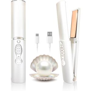 Cordless Hair Straighteners 5000 mAh Long Range Titanium Portable Flat Iron Wireless Mini Hair Straightener 2 in 1 for Straightening and Curling Travel Straightener max. 210/410 Heats Up in Seconds (White)