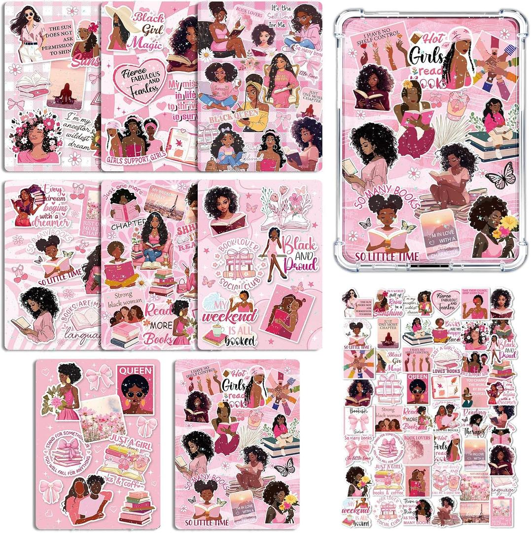Rngmsi Insert Cardstock for Clear Case - 8Pcs Pink Praying Black Women Cardstock Inserts Compatible with Kindle Paperwhite 11th-12th, 50Pcs Motivational Quotes Stickers for E-Reader Clear Back Cover