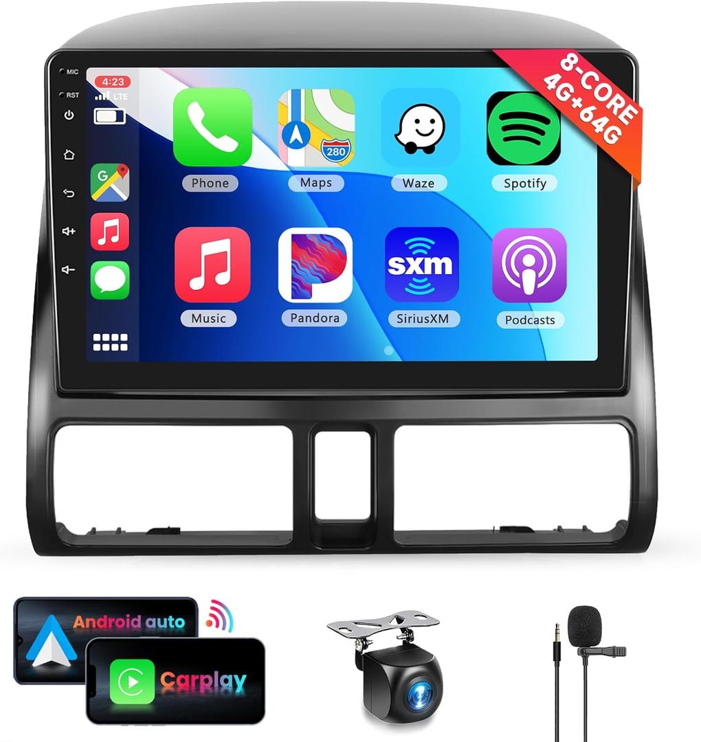 8 CORE 4G+64G Car Stereo Radio for Honda CRV 2002-2006 with Wireless CarPlay Android Auto, 9 Inch 1280 * 720P IPS Touch Screen Head Unit Android 13 GPS WiFi Bluetooth 32-Band DSP SWC HD Camera