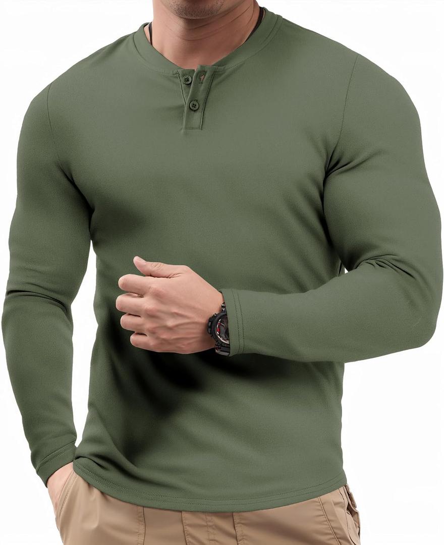 JMIERR Mens Muscle Slim Henley Shirt Button V-Neck Long Sleeve Gym Workout Athletic T Shirts (Green, XXXL)