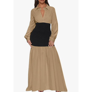 Ekaliy Women's Puff Long Sleeve Shirt Dress Elegant Button Down Loose Swing Party Maxi Dress, XL