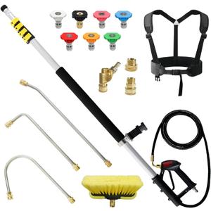 janz 24 FT, Aluminum Telescoping Pressure Washer Wand with 2 Pressure Washer Extension Wands,Gutter Cleaner Attachment, 7 Spray Nozzle Tips, 2 Hose Inlet Adapters, Pivoting Coupler and Support Harness (Yellow)