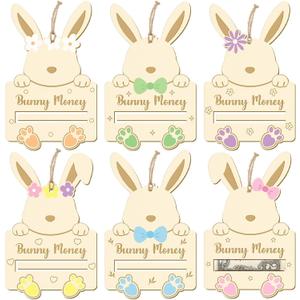 12Pcs Easter Bunny Money Holder for Cash Gift Wooden Rabbit Gift Card Cash Holder Tag Cute Bunny Basket Stuffer for Easter Holiday Money Tree Ornament Table Centerpiece Decor for Grandchildren
